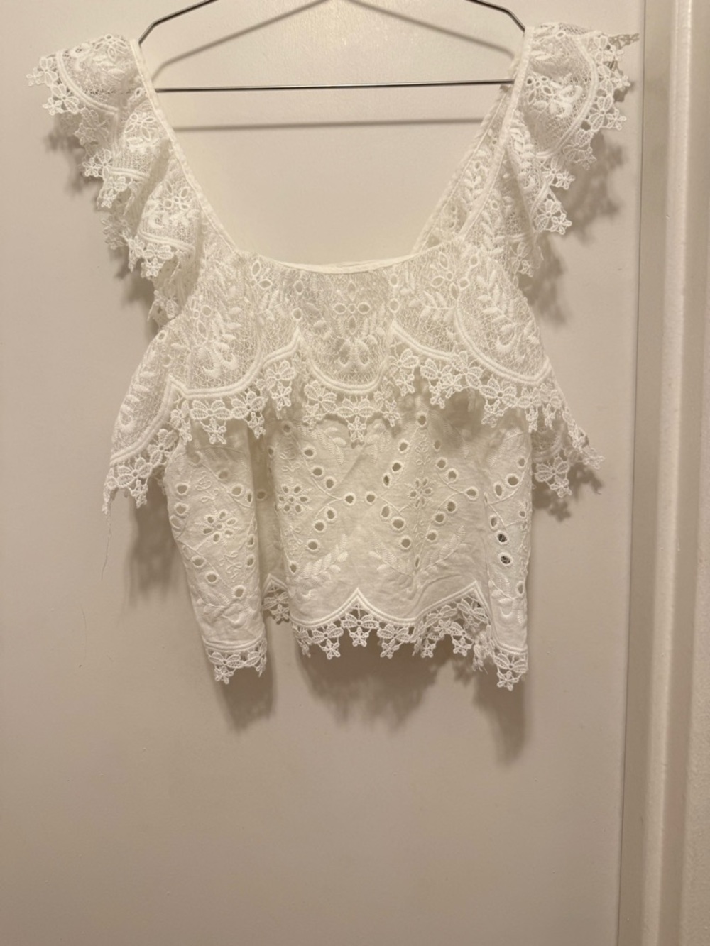 Zara White Lace Eyelet Cropped Off-Shoulder Top